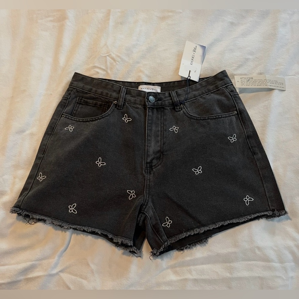 Women’s Kahki & Blue Black Embroidered Butterfly Denim Shorts NWT Size 11